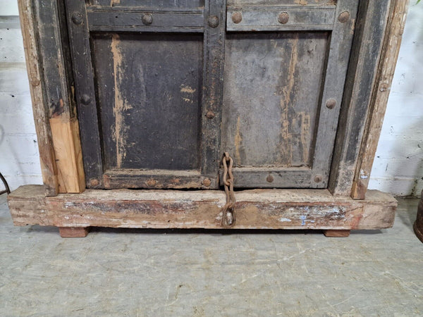 Large Pair Reclaimed Antique Indian Rustic Solid Wooden Doors With Frame