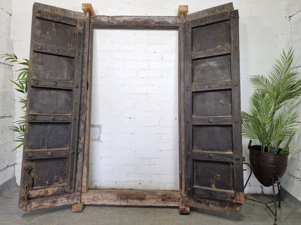 Large Pair Reclaimed Antique Indian Rustic Solid Wooden Doors With Frame