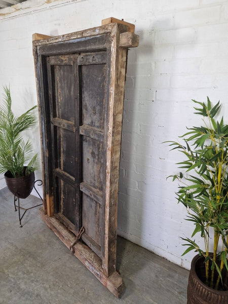 Large Pair Reclaimed Antique Indian Rustic Solid Wooden Doors With Frame
