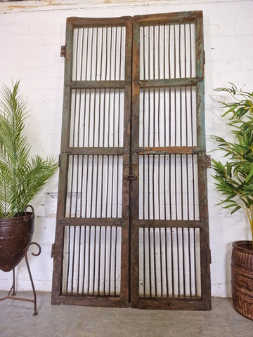 Old Pair Vintage Reclaimed Indian Wooden Iron Doors Shutters Garden Gates Screen
