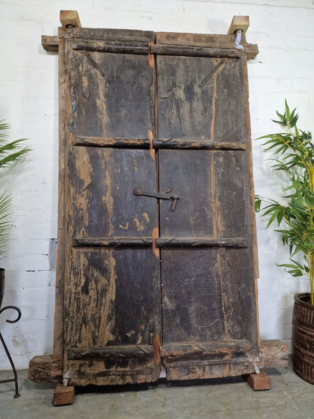 Large Pair Reclaimed Antique Indian Rustic Solid Wooden Doors With Frame