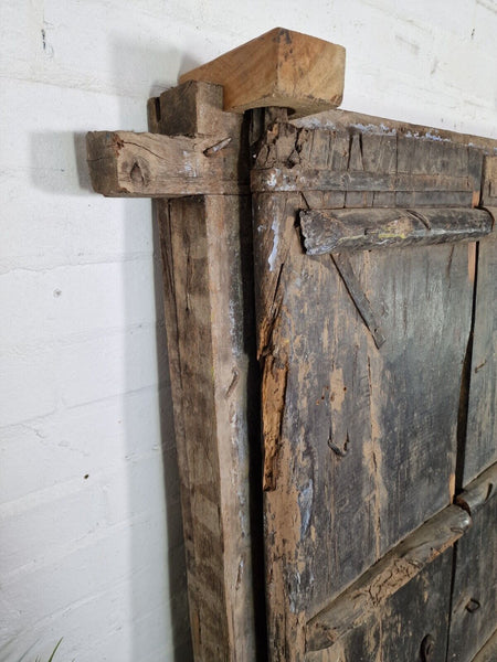 Large Pair Reclaimed Antique Indian Rustic Solid Wooden Doors With Frame