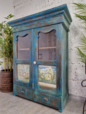 Vintage Rustic Indian Blue Wooden Shop Display Bathroom Kitchen Drinks Cabinet