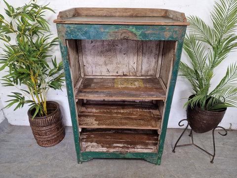 Vintage Reclaimed Green Indian Wooden Bookcase Shelving Display Unit