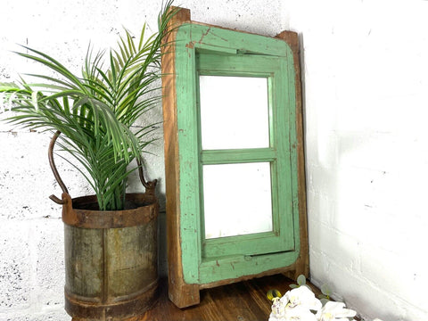Vintage Reclaimed Green Indian Wooden Window Frame With Mirror Home Garden Decor
