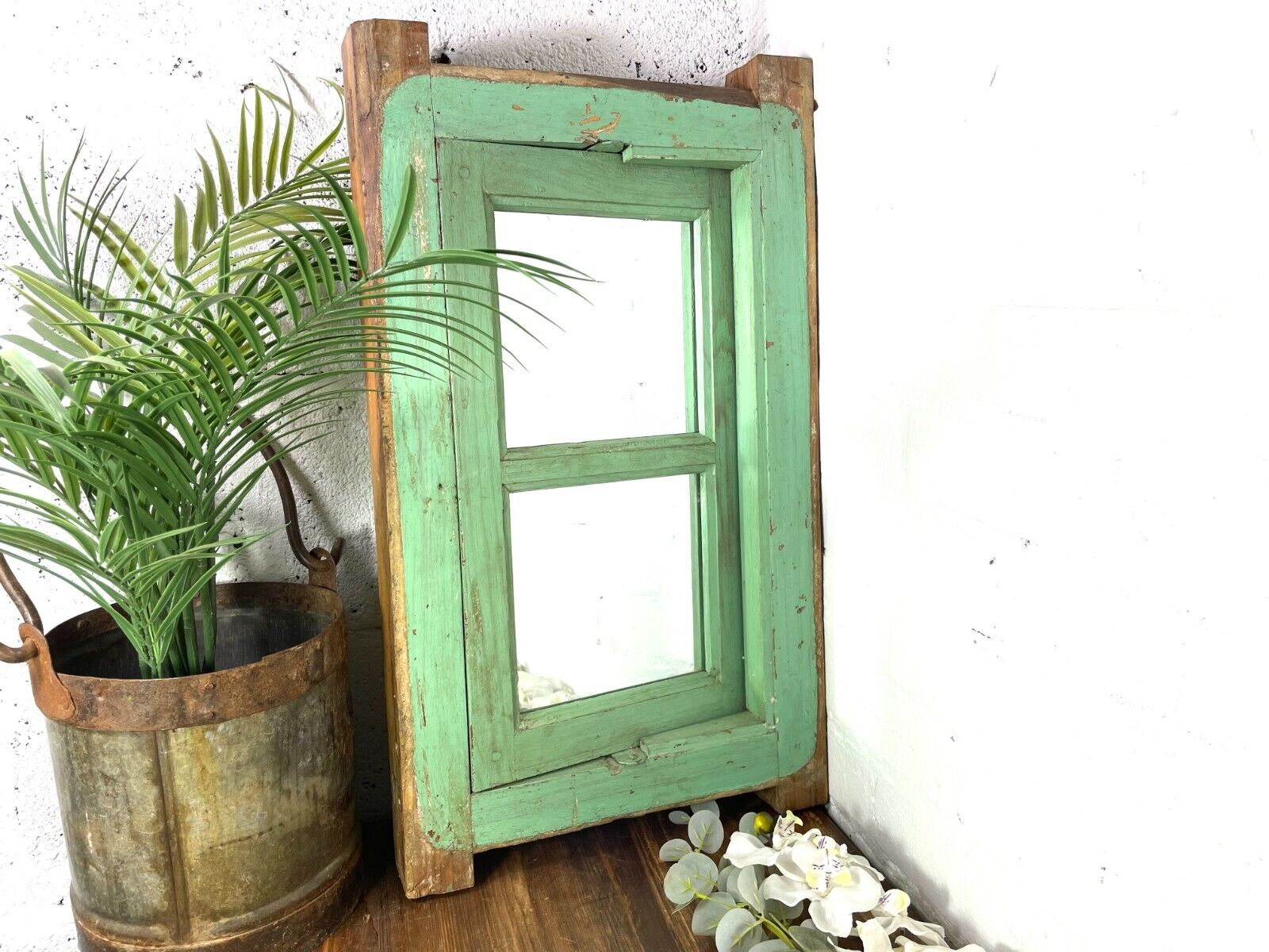 Vintage Reclaimed Green Indian Wooden Window Frame With Mirror Home Garden Decor