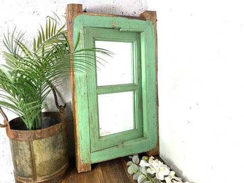Vintage Reclaimed Green Indian Wooden Window Frame With Mirror Home Garden Decor