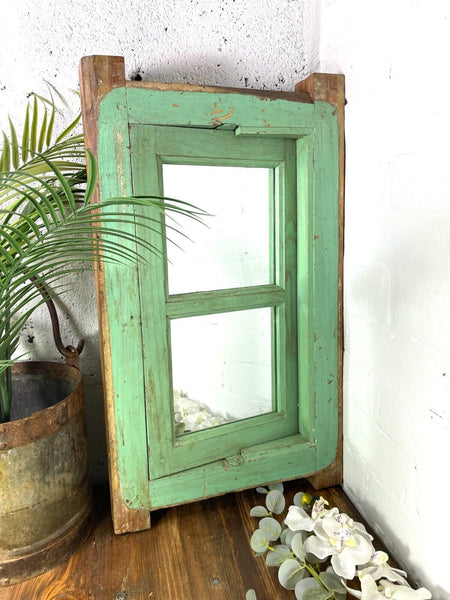 Vintage Reclaimed Green Indian Wooden Window Frame With Mirror Home Garden Decor