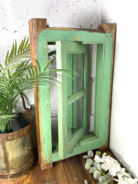 Vintage Reclaimed Green Indian Wooden Window Frame With Mirror Home Garden Decor