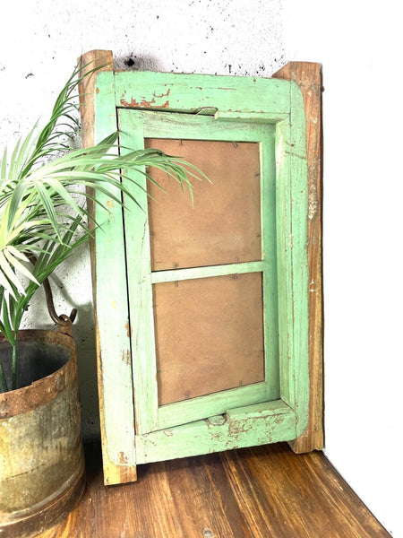 Vintage Reclaimed Green Indian Wooden Window Frame With Mirror Home Garden Decor