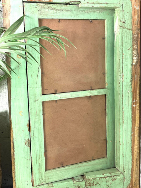 Vintage Reclaimed Green Indian Wooden Window Frame With Mirror Home Garden Decor