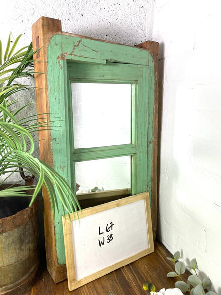 Vintage Reclaimed Green Indian Wooden Window Frame With Mirror Home Garden Decor