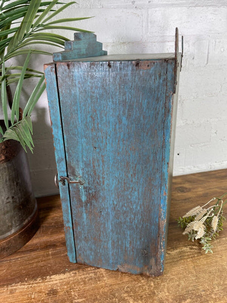 Vintage Rustic Indian Blue Wooden Shop Display Bathroom Kitchen Wall Cabinet