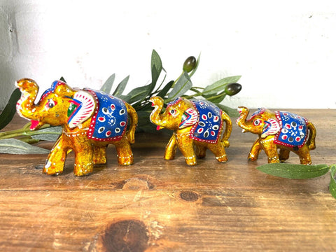 Set 3 Gold Hand Made Indian Hand Painted Rajasthani Elephant Statue Ornament