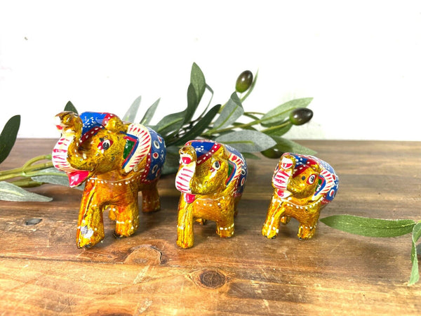 Set 3 Gold Hand Made Indian Hand Painted Rajasthani Elephant Statue Ornament