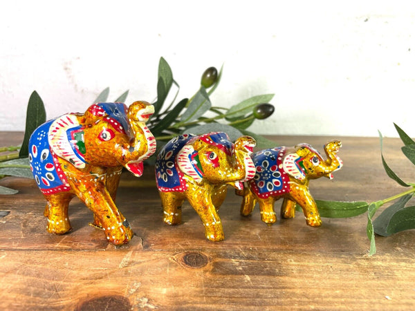Set 3 Gold Hand Made Indian Hand Painted Rajasthani Elephant Statue Ornament
