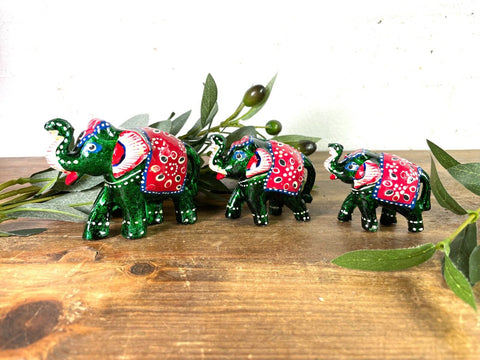 Set 3 Green Hand Made Indian Hand Painted Rajasthani Elephant Statue Ornament