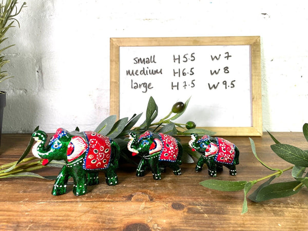 Set 3 Green Hand Made Indian Hand Painted Rajasthani Elephant Statue Ornament