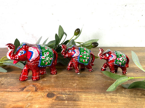 Set 3 Red Hand Made Indian Hand Painted Rajasthani Elephant Statue Ornament