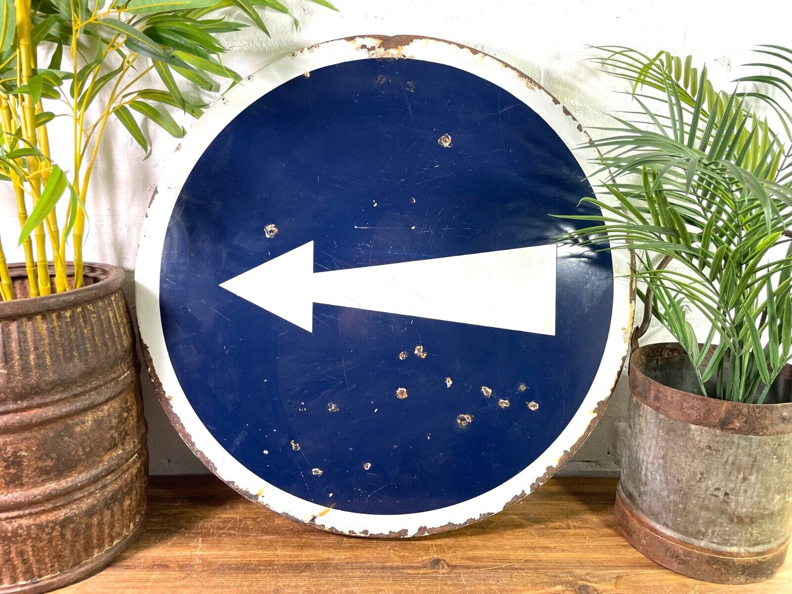 Vintage Large French Enamel Arrow Direction Street Road Sign