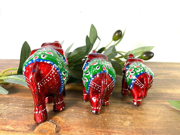 Set 3 Red Hand Made Indian Hand Painted Rajasthani Elephant Statue Ornament