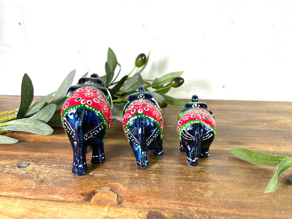 Set 3 Blue Hand Made Indian Hand Painted Rajasthani Elephant Statue Ornament