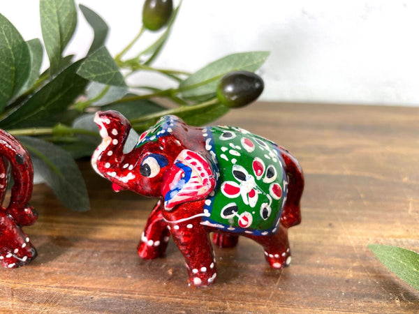 Set 3 Red Hand Made Indian Hand Painted Rajasthani Elephant Statue Ornament