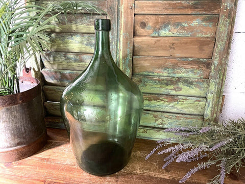 Vintage French Hand Blown Green Glass Demijohn Carboy Wine Bottle Vessel Vase