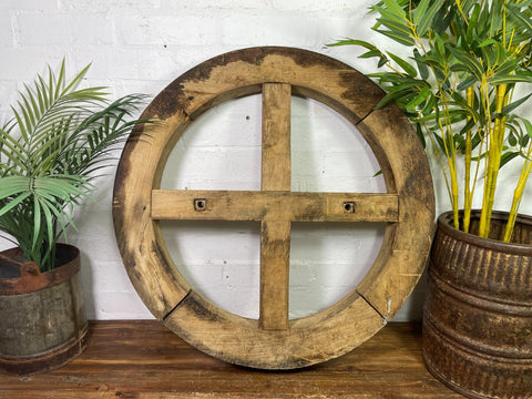 Vintage Primitive Rustic French Wooden Line Pulley Cart Wheel Wall Garden Decor