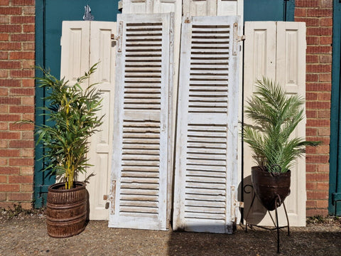 Vintage Pair French Rustic White Wooden Louvered Shutter Doors