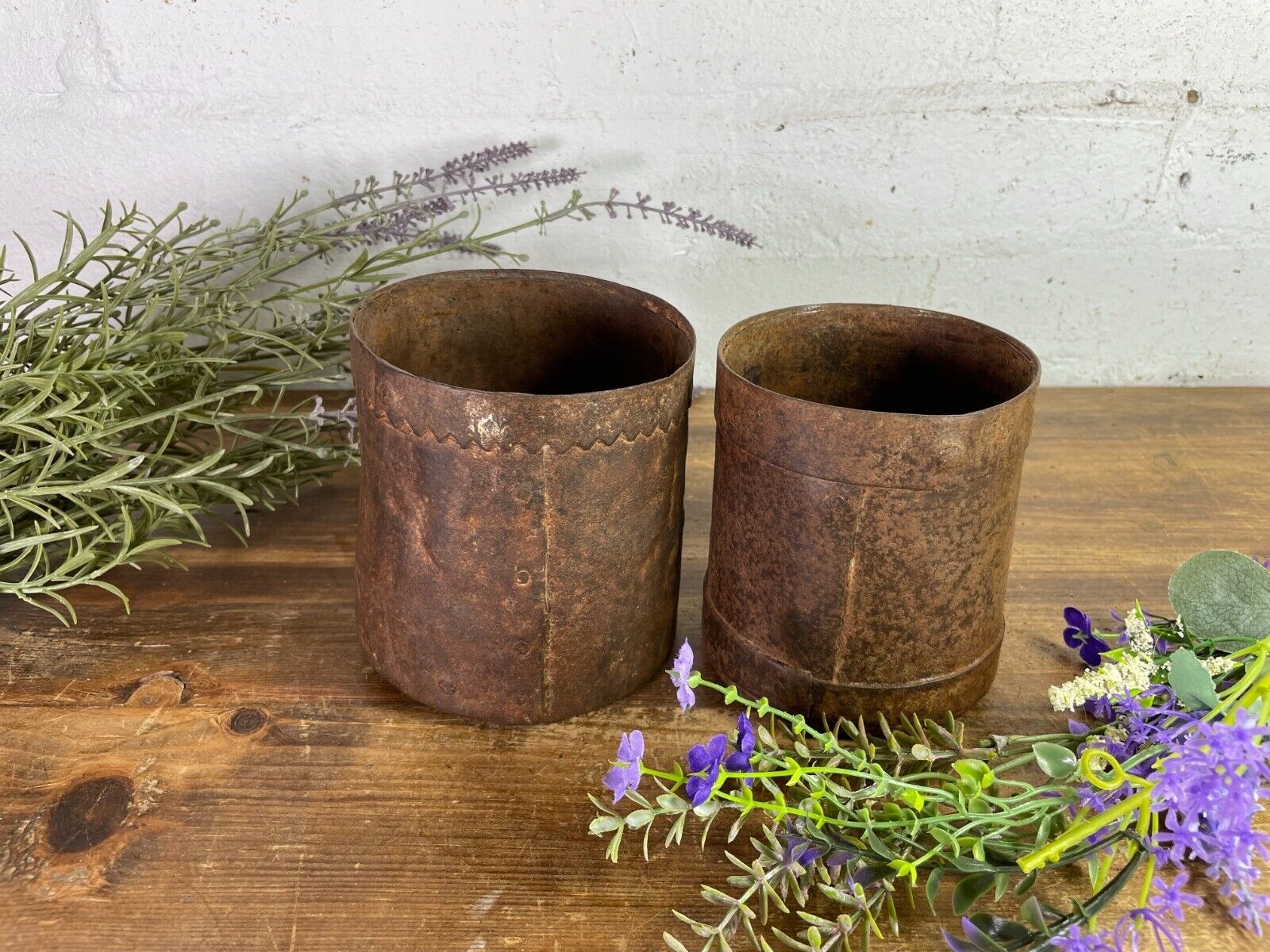 Set 2 Antique 19th Century Riveted Iron Measuring Grain Pot Herb Planter Trinket