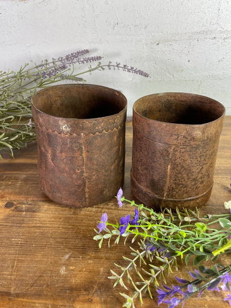 Set 2 Antique 19th Century Riveted Iron Measuring Grain Pot Herb Planter Trinket