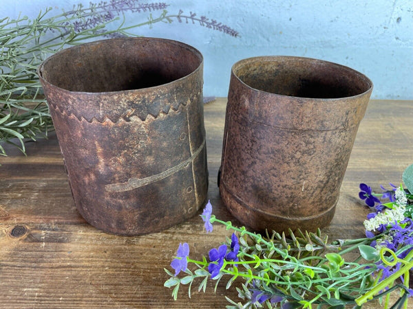 Set 2 Antique 19th Century Riveted Iron Measuring Grain Pot Herb Planter Trinket