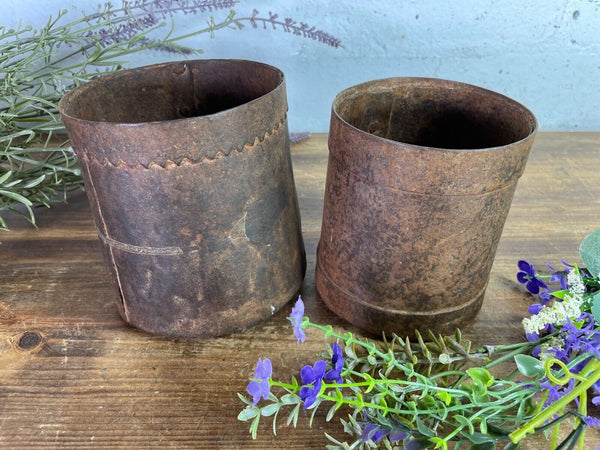 Set 2 Antique 19th Century Riveted Iron Measuring Grain Pot Herb Planter Trinket