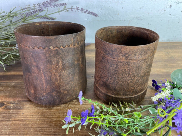 Set 2 Antique 19th Century Riveted Iron Measuring Grain Pot Herb Planter Trinket