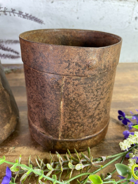 Set 2 Antique 19th Century Riveted Iron Measuring Grain Pot Herb Planter Trinket