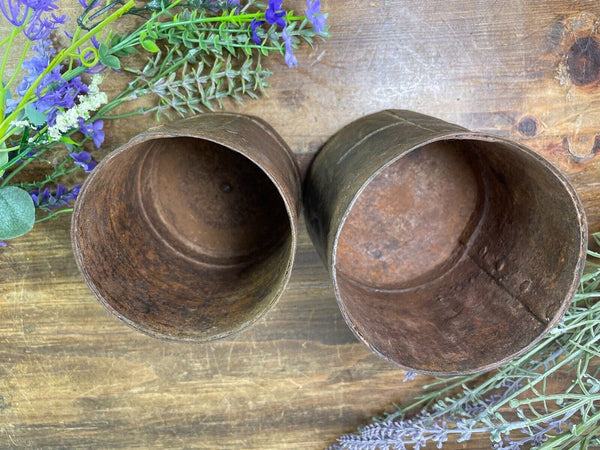 Set 2 Antique 19th Century Riveted Iron Measuring Grain Pot Herb Planter Trinket