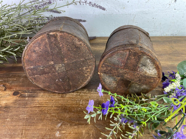 Set 2 Antique 19th Century Riveted Iron Measuring Grain Pot Herb Planter Trinket