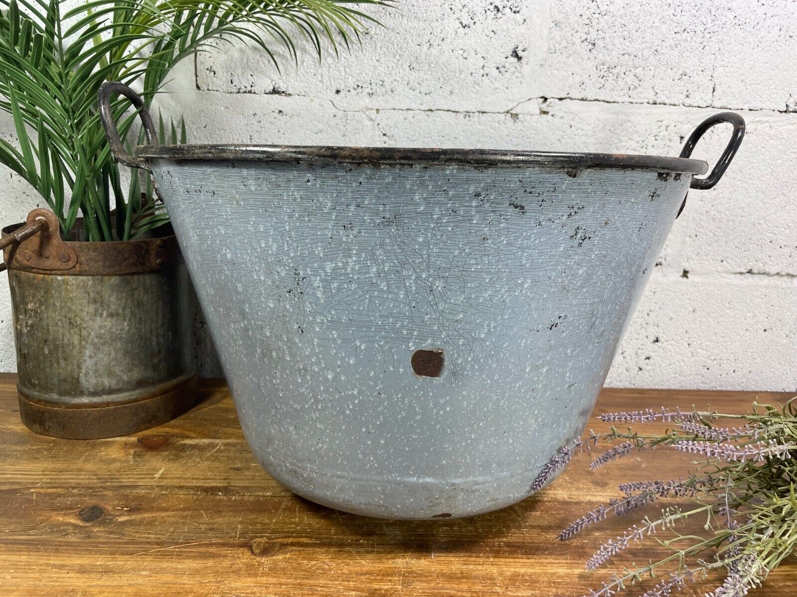 Large Vintage European Enamel Cauldron Log Basket Wildlife Pond Garden Planter