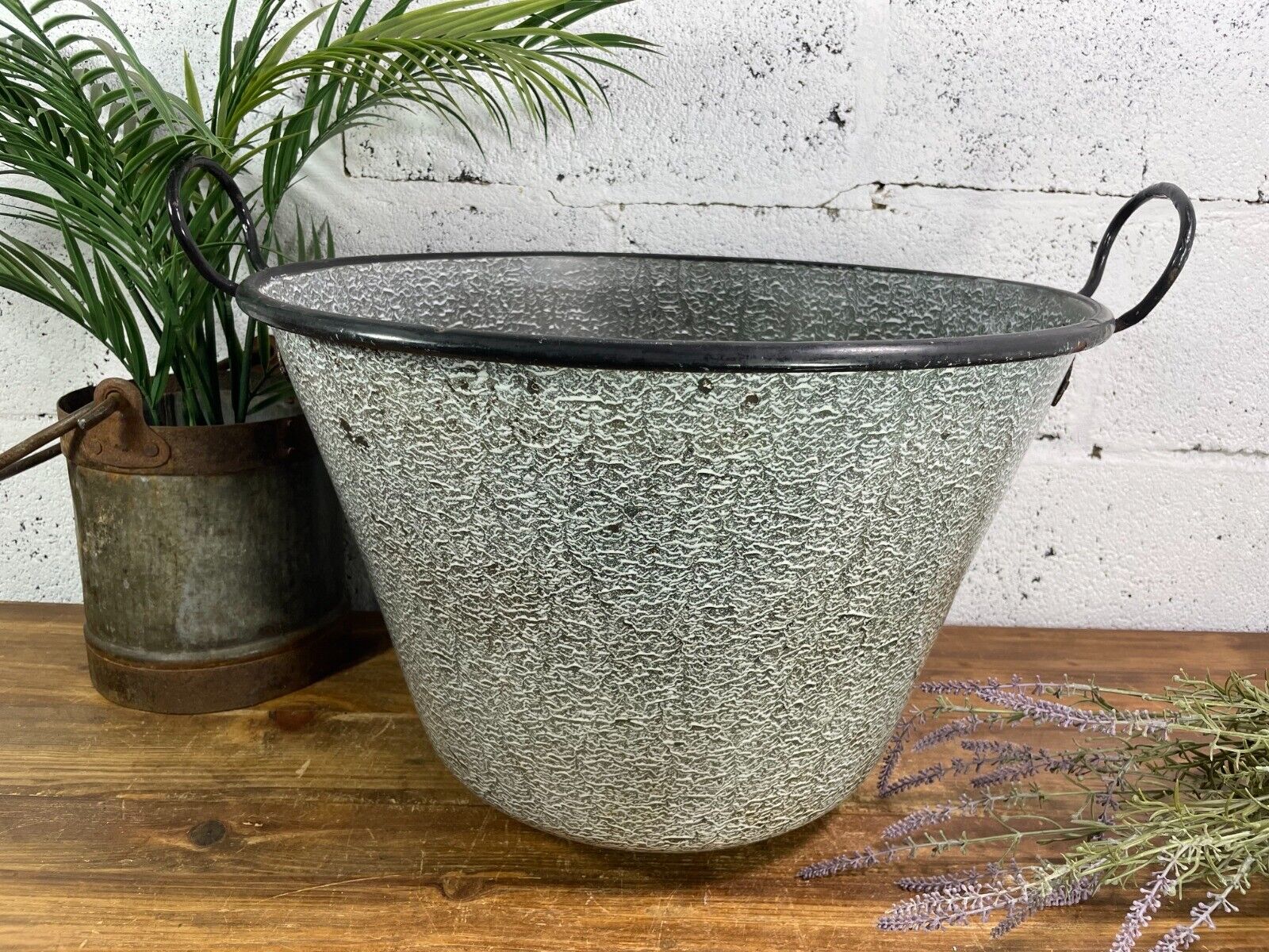 Large Vintage European Enamel Cauldron Log Basket Wildlife Pond Garden Planter