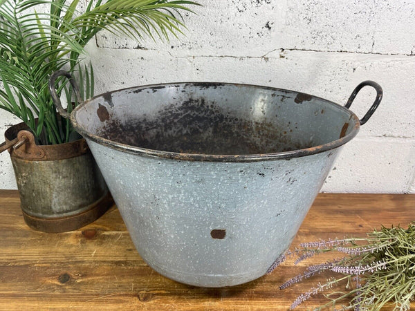 Large Vintage European Enamel Cauldron Log Basket Wildlife Pond Garden Planter