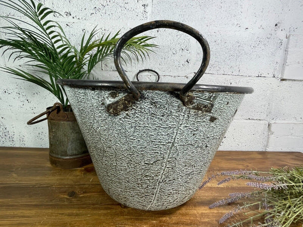 Large Vintage European Enamel Cauldron Log Basket Wildlife Pond Garden Planter