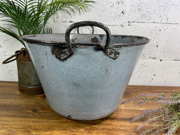 Large Vintage European Enamel Cauldron Log Basket Wildlife Pond Garden Planter