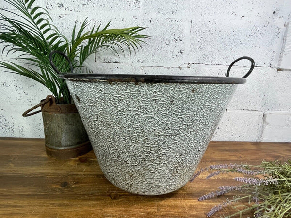 Large Vintage European Enamel Cauldron Log Basket Wildlife Pond Garden Planter
