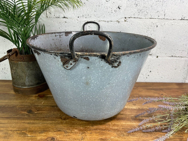 Large Vintage European Enamel Cauldron Log Basket Wildlife Pond Garden Planter