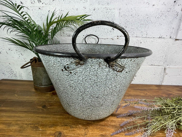Large Vintage European Enamel Cauldron Log Basket Wildlife Pond Garden Planter