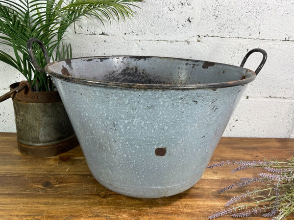 Large Vintage European Enamel Cauldron Log Basket Wildlife Pond Garden Planter