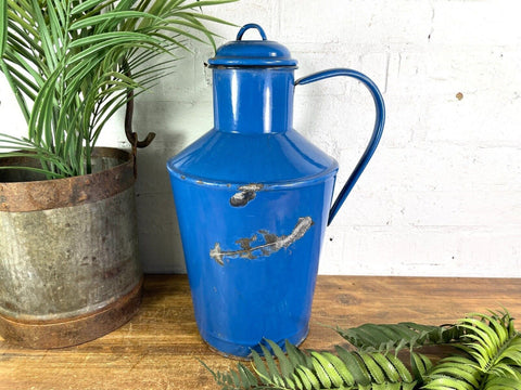 Vintage French Blue Enamel Metal Milk Water Churn Planter Vase Flower Display