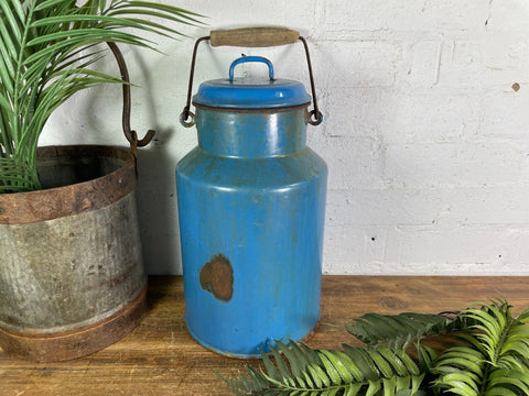 Vintage French Blue Enamel Metal Milk Water Churn Planter Vase Flower Display