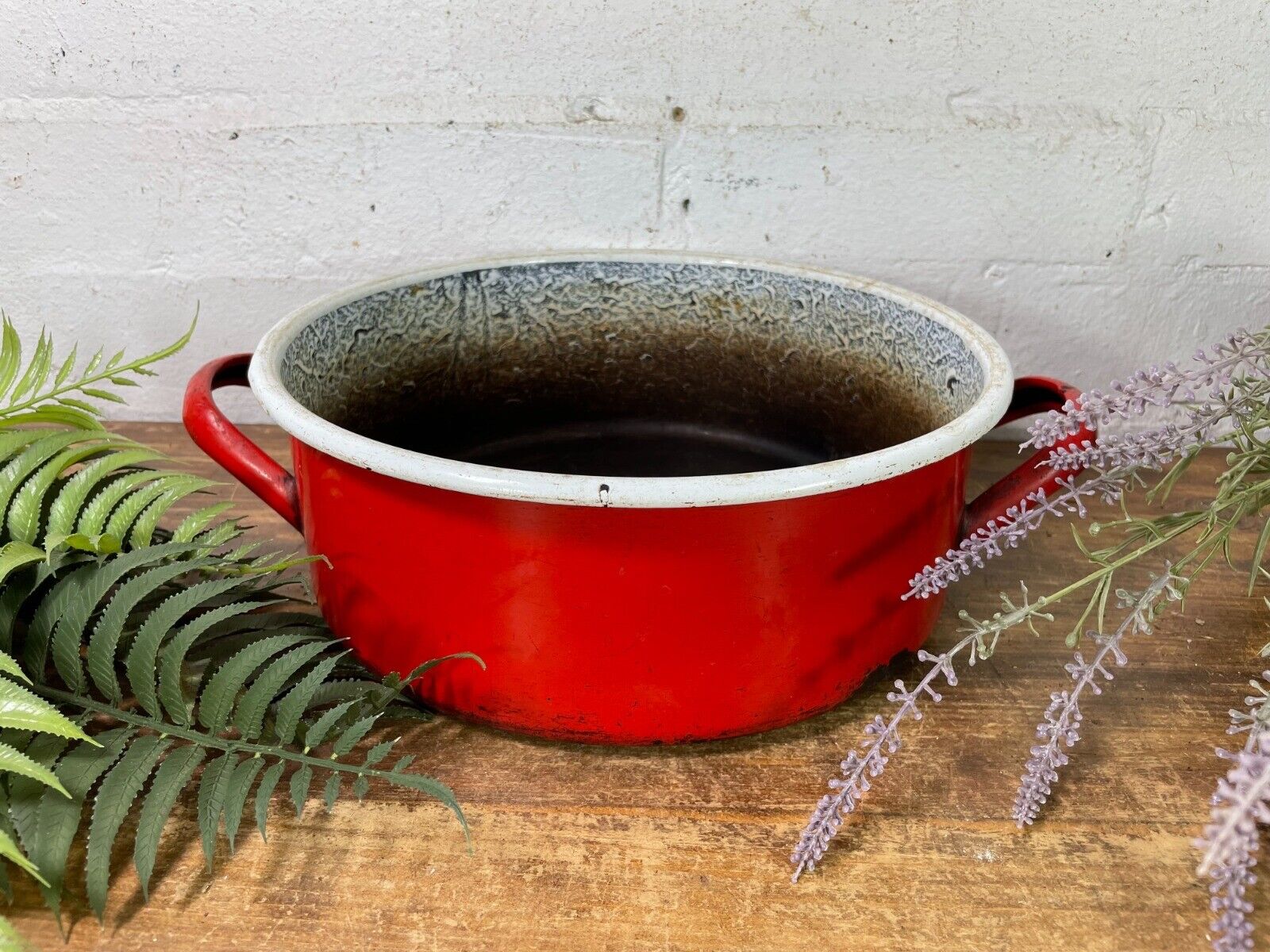 Vintage French European Enamel Wash Bowl Cooking Pot Tub Garden Herb Planter